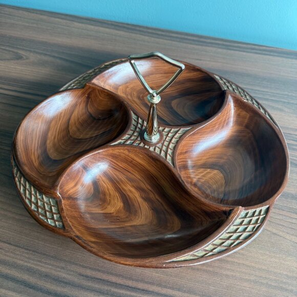 Vintage Divided Serving Tray MCM byCalifornia 328-USA Wooden Look With Handle & - Picture 13 of 14